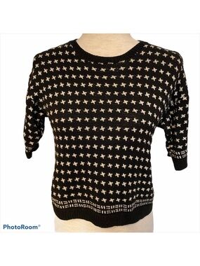 VINTAGE HAND KNIT SWEATER BLACK WHITE CREW NECK S Fit
